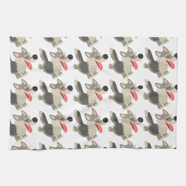 Cute Frolicsome Cartoon Wolf Serviette de cuisine (Horizontal)