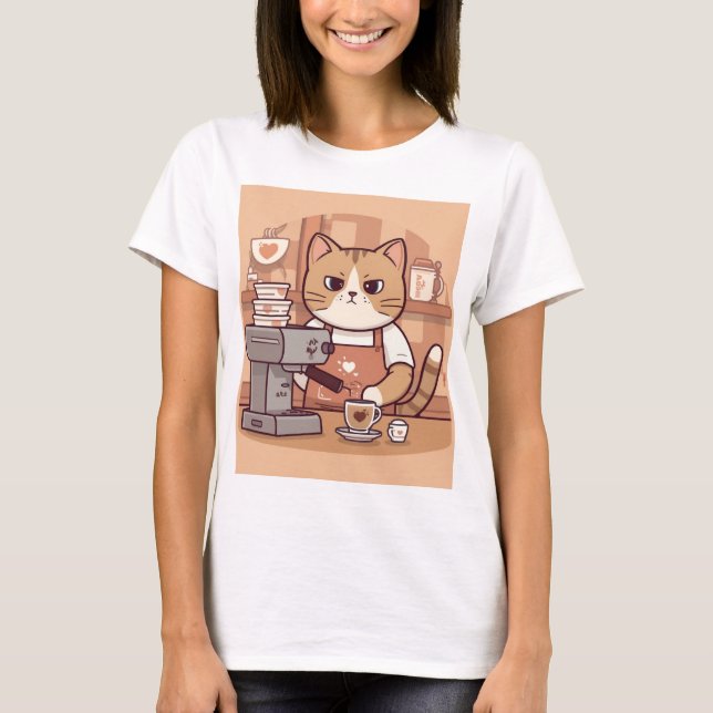 Cute Funny Barista Cat with Coffee T-shirt (Devant)