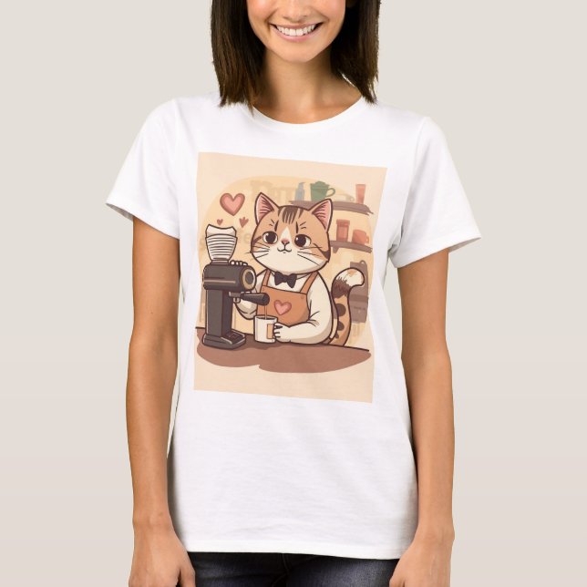 Cute Funny Barista Cat with Coffee T-shirt (Devant)