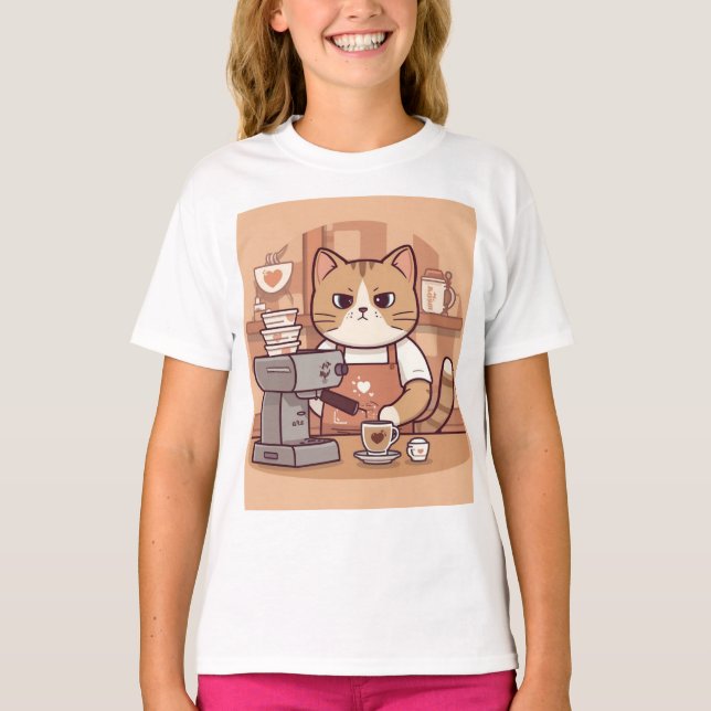 Cute Funny Cartoon Barista Cat Kid's T-shirt (Devant)