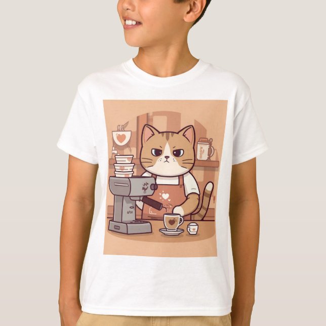 Cute Funny Cartoon Barista Cat Kid's T-shirt (Devant)