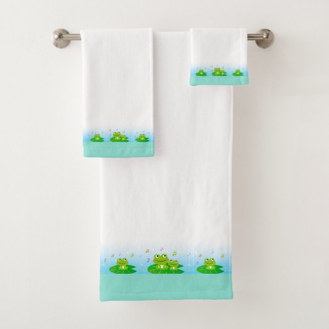 Cute Funny Happy Frogs sur Blanc & Turquoise (En situation)