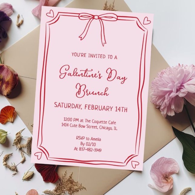 Cute Galentine's Day Brunch Pink & Red Invitation (Créateur téléchargé)