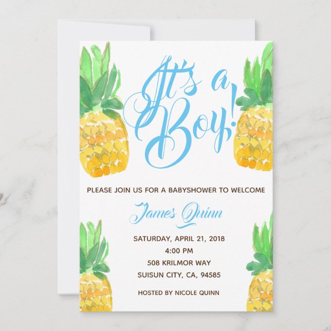 Cute garçon ananas baby shower tropical invitation (Devant)
