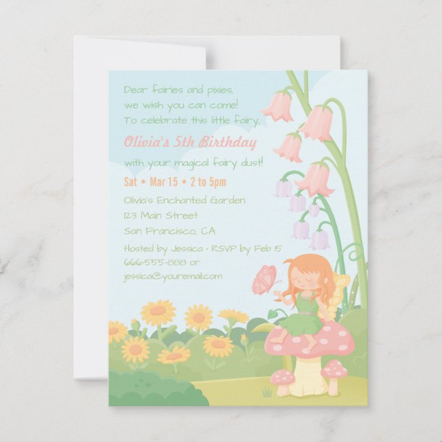 Cute Garden Fairy Girl Birthday Party Invitations (Devant)