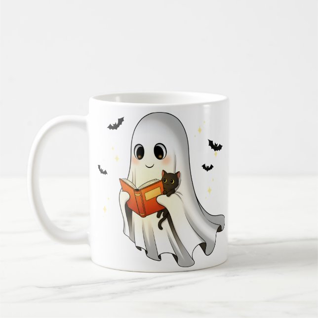 Cute Ghost Chat Lecture Livre Halloween Mug | Éffr (Gauche)