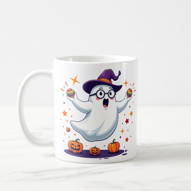Cute Ghost Mug with Pumpkins and Witch Hat (Gauche)