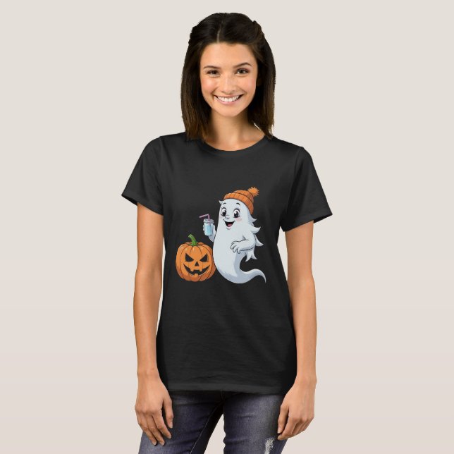 Cute Ghost & Pumpkin Halloween T-Shirt (Devant entier)