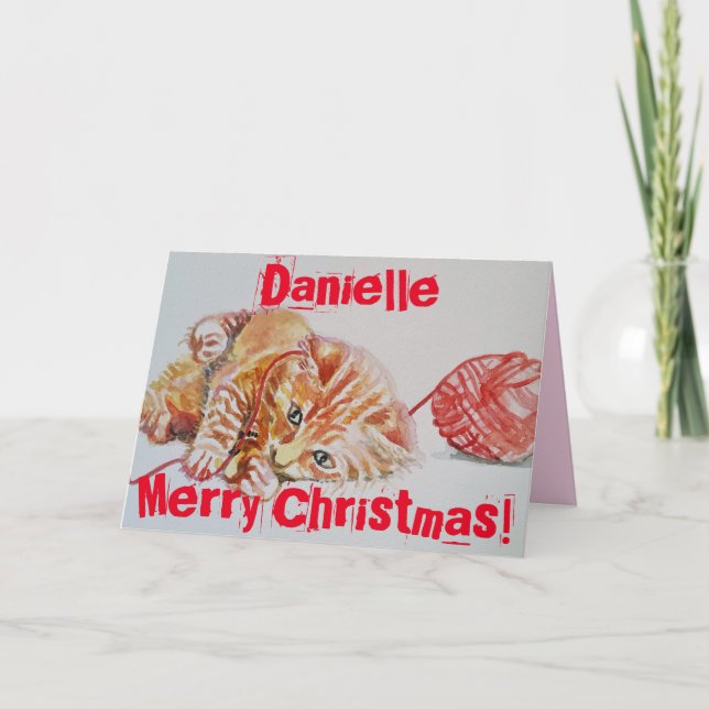 Cute Ginger Tabby Chat Jouer Laine Carte de Noël (Devant)