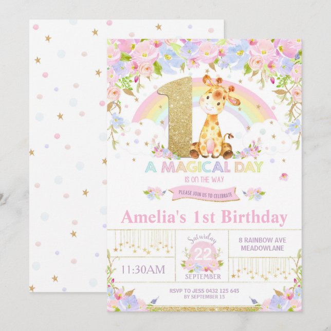 Cute Giraffe 1er anniversaire Invitation Girl (Devant / Derrière)