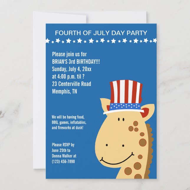 Cute Giraffe 4 Juillet Anniversaire Invitation (Devant)