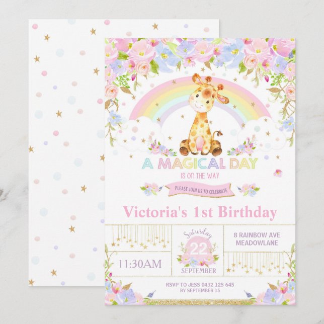 Cute Giraffe Anniversaire Fête Invitation Fille (Devant / Derrière)