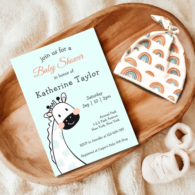 Cute Giraffe Baby shower bleu Invitation (Cute Giraffe Baby Shower Invitation, Safari Animal Theme)