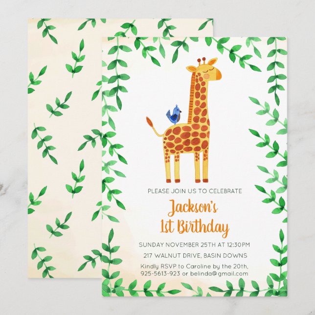 Cute Giraffe & Bird Invitation d'anniversaire (Devant / Derrière)