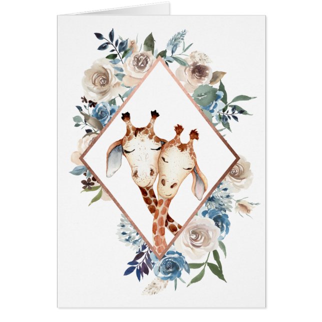 Cute Giraffe Blue Floral Frame Anniversaire (Devant)