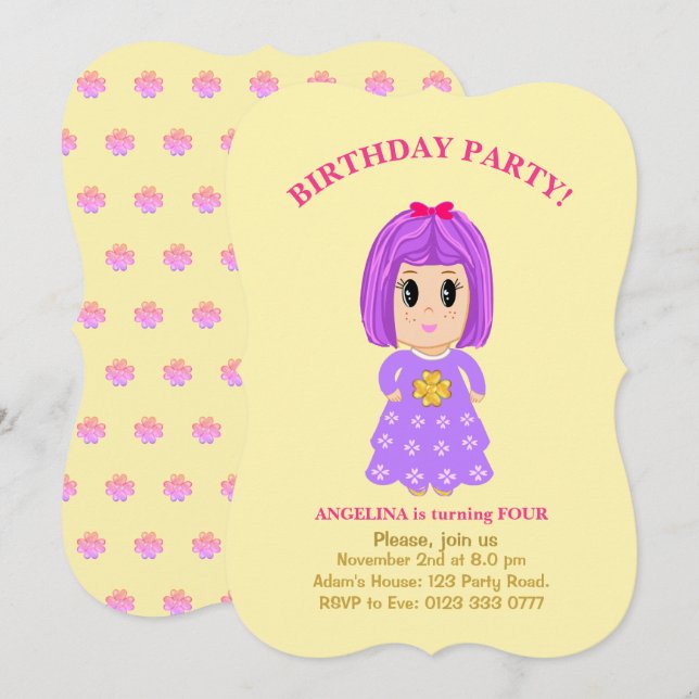 Cute Girl 4e anniversaire Invitation (Devant / Derrière)