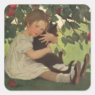 Cute Girl avec son chat amusant Stickers Retro