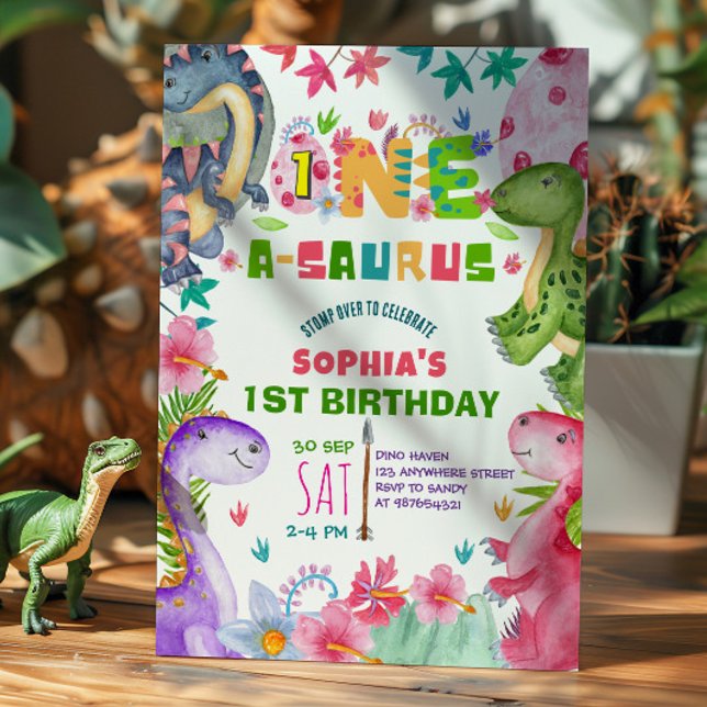 Cute Girl Dinosaur 1st Birthday Invitation (Créateur téléchargé)