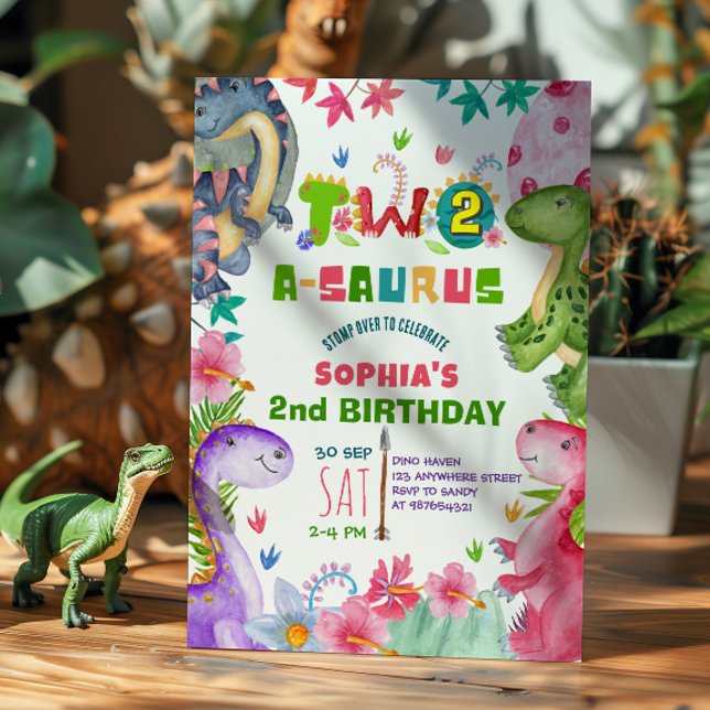 Cute Girl Dinosaur 2nd Birthday Invitation (Créateur téléchargé)