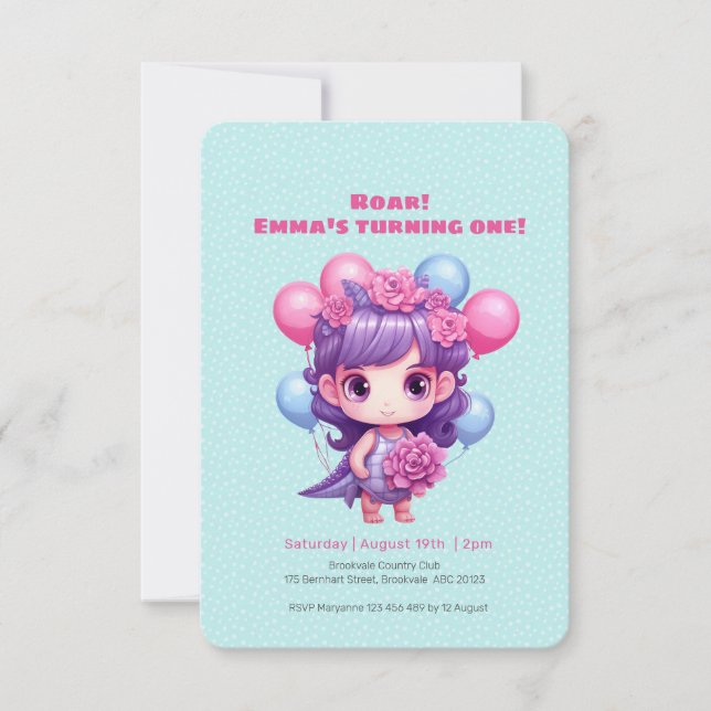 Cute Girl Dinosaur Invitation Anniversaire (Devant)