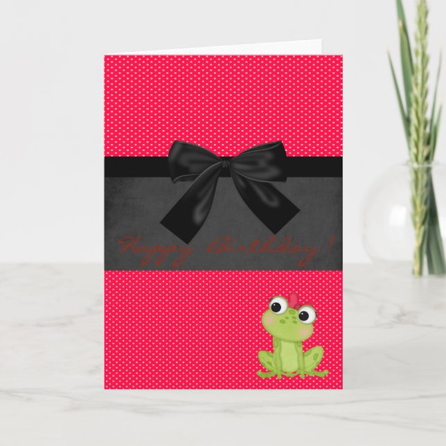 Cute Girl Frog Sur Pois rouges, Carte Anniversaire (Devant)