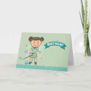 Cute Girl Golfer sur le point de coudre carte d'an