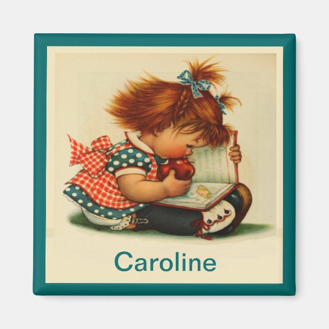 Cute Girl Lire un livre avec nom - Magnet Carré (Devant)