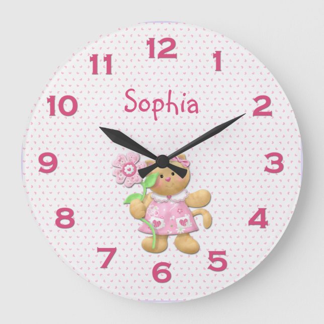 Cute Girl Rose Floral Kitten Horloge murale (Recto)