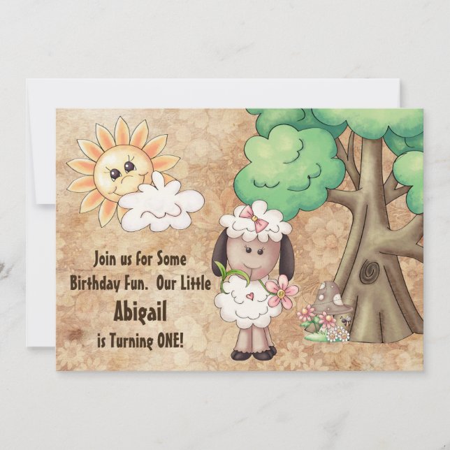 Cute Girl Sheep et Flowers 1er Invitation d'annive (Devant)