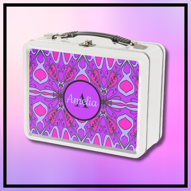 Cute Girls Lunchbox en métal (Pretty Purple and Hot Pink Lunchbox. Features original hand-drawn artwork with a whimsical vibe. )