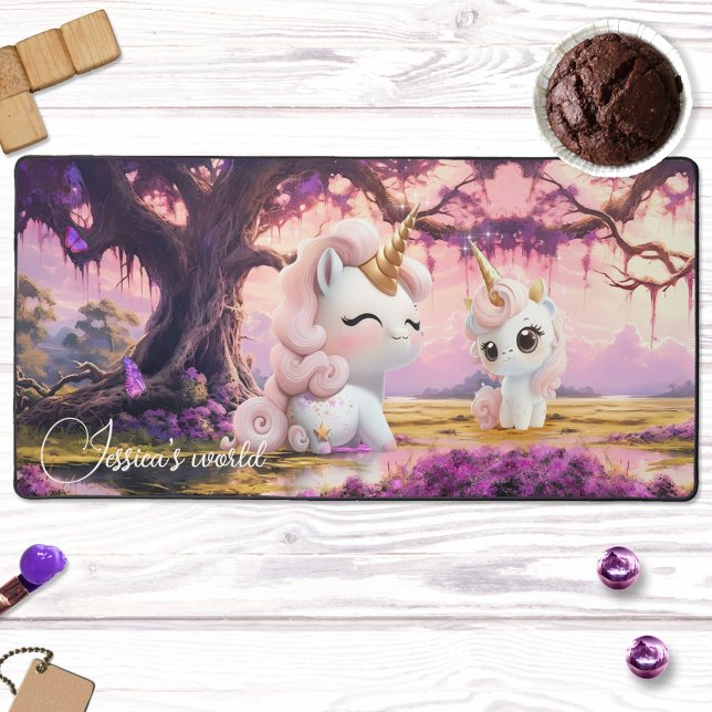 Cute Girly Rose Magique Unicorne (A cute girly desk mat featuring a fantasy world with magical unicorns in lovely pink and purple)