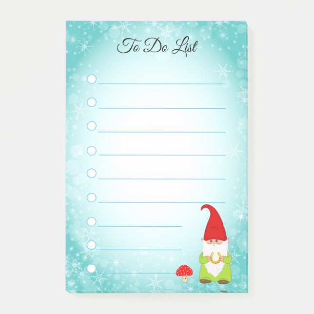 Cute gnome sur un post-it ligné turquoise et blanc (Devant)