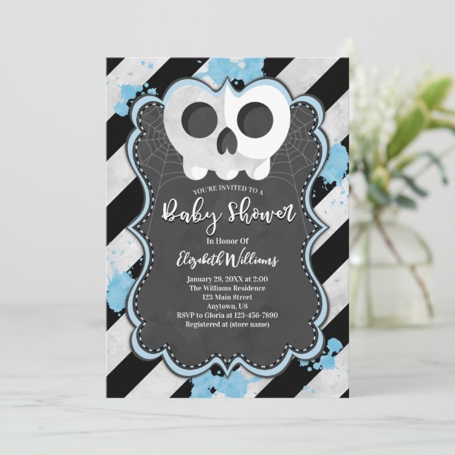 Cute Goth Punk Crâne bleu Baby shower Invitation (Debout devant)