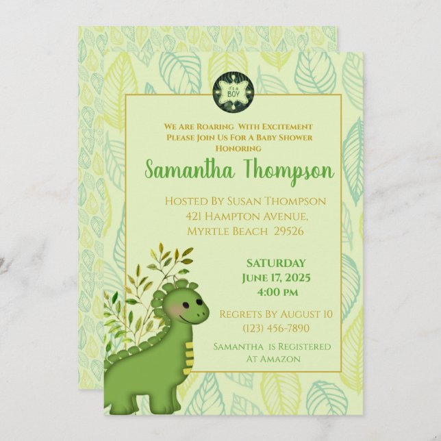 Cute Green Dinosaur Boy Baby shower Invitation (Devant / Derrière)