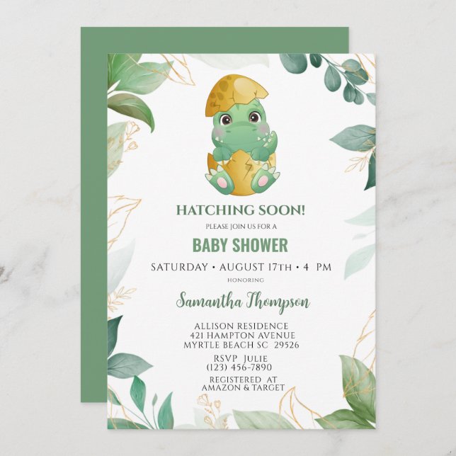 Cute Green Dinosaur Boys Baby shower Invitation (Devant / Derrière)