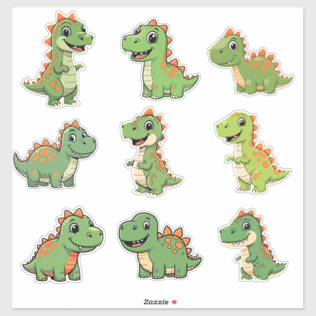 Cute Green T-Rex Dinosaur Kids Vinyl Sticker (Feuille)