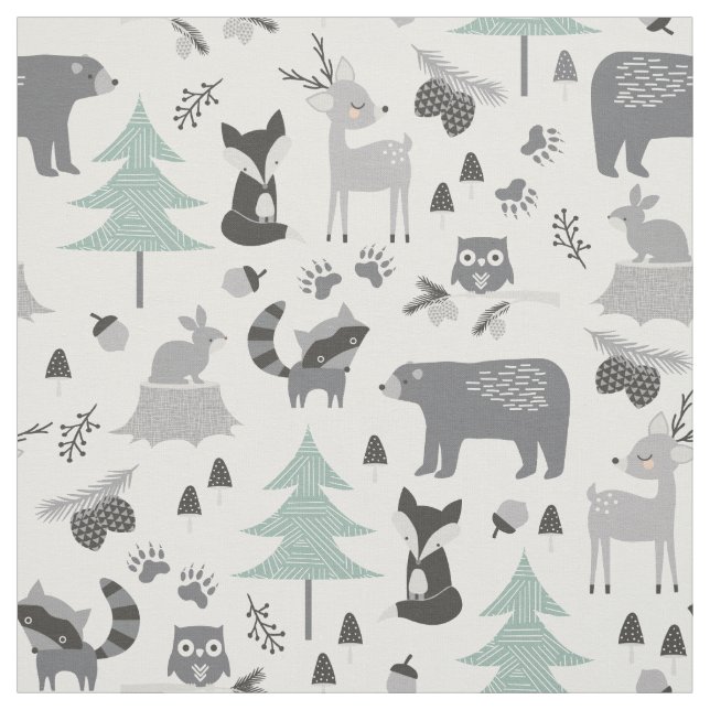 Cute Grey et Turquoise Woodland Animaux Tissu (Échantillon)