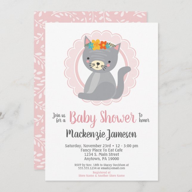 Cute Grey Kitten Rose Girls Baby shower Invitation (Devant / Derrière)