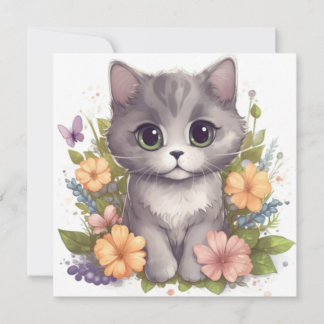 Cute Grey Kitty avec Fleurs Kawaii Chibi (Devant)
