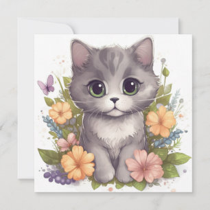 Cute Grey Kitty avec Fleurs Kawaii Chibi