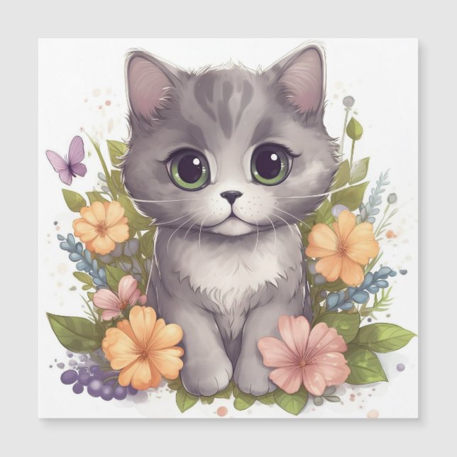 Cute Grey Kitty avec Fleurs Kawaii Chibi (Devant)