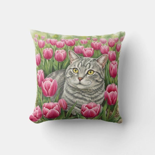 Cute Gris Tulips Chat Coussin de printemps (Recto)