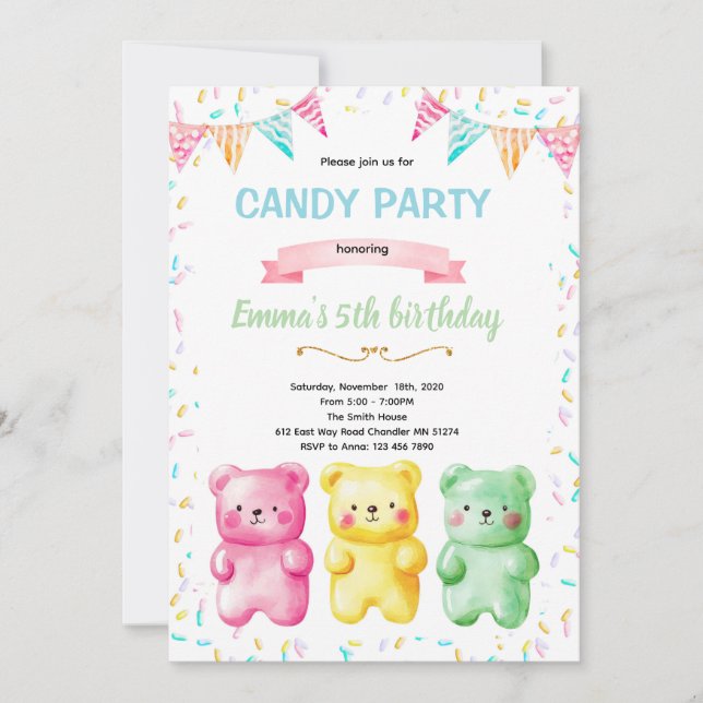 Cute gummy bear party theme invitation (Devant)