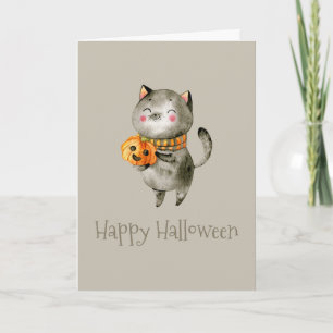 Cute Halloween Chat avec Citrouille   Carte de vœu