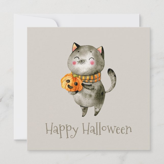 Cute Halloween Chat avec Citrouille | Invitation d (Devant)