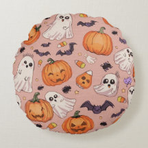 Cute Halloween Coussin rond - Citrouilles & Fantôm