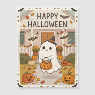 Cute Halloween Ghost & Pumpkins Magnet Card