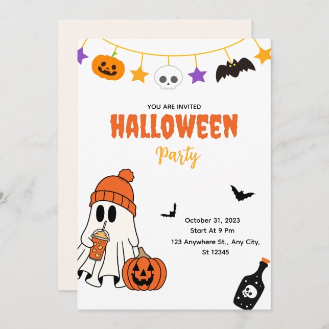Cute Halloween Party Invitation with Ghost (Devant / Derrière)