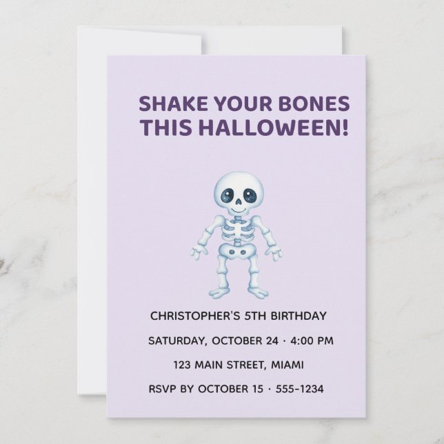Cute Halloween Skeleton Birthday Invitation (Devant)