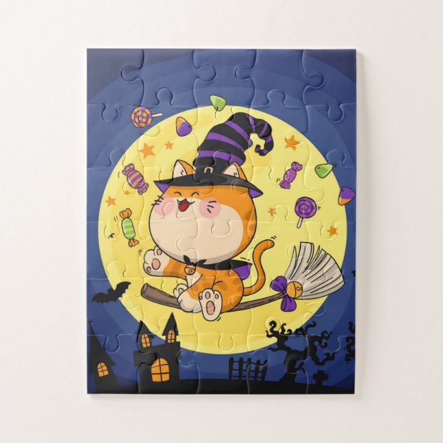 Cute Halloween sorcière chat puzzle puzzle (Vertical)